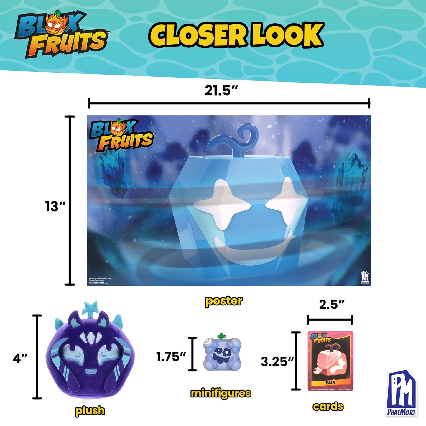 PhatMojo Blox Fruits Diamond Collector Bundle - 11-Piece Set with 2 Plush Figures, 2 Minifigures, 3 Cards, Poster & 2 DLC Tokens