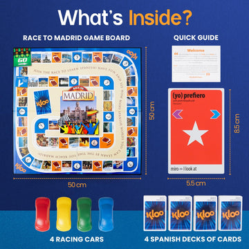 Spanish Board Game - Race to Madrid | Easy to Learn Words, Grammar, Verbs | Fun for Adults, Kids, Beginners, Classroom | 4 Decks Dynamic Flash Cards