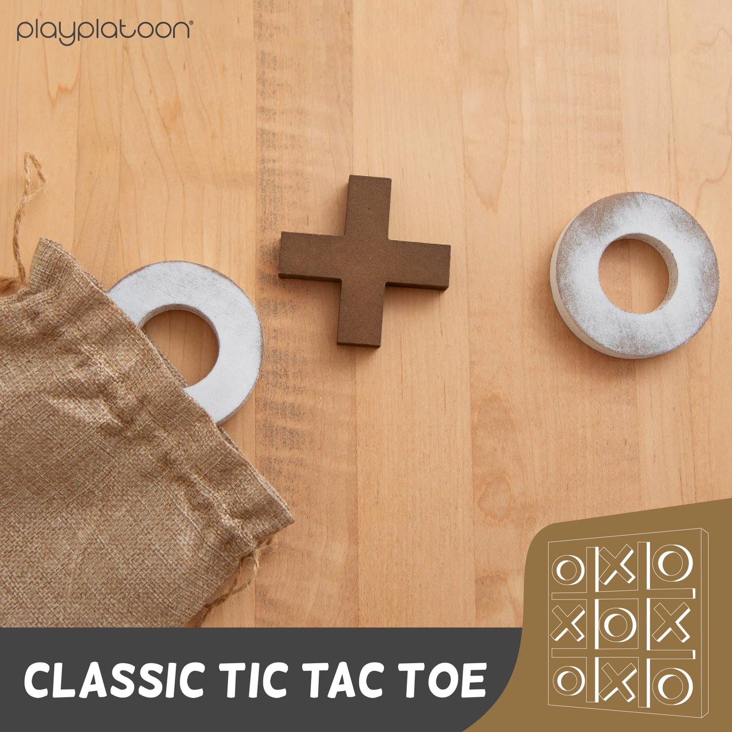 Play Platoon Magnetic Tic Tac Toe Game - Large Metal and Wooden Wall Mounted Board Games - 13.5 Inch Table Top or Wall Mounted Farmhouse Rustic