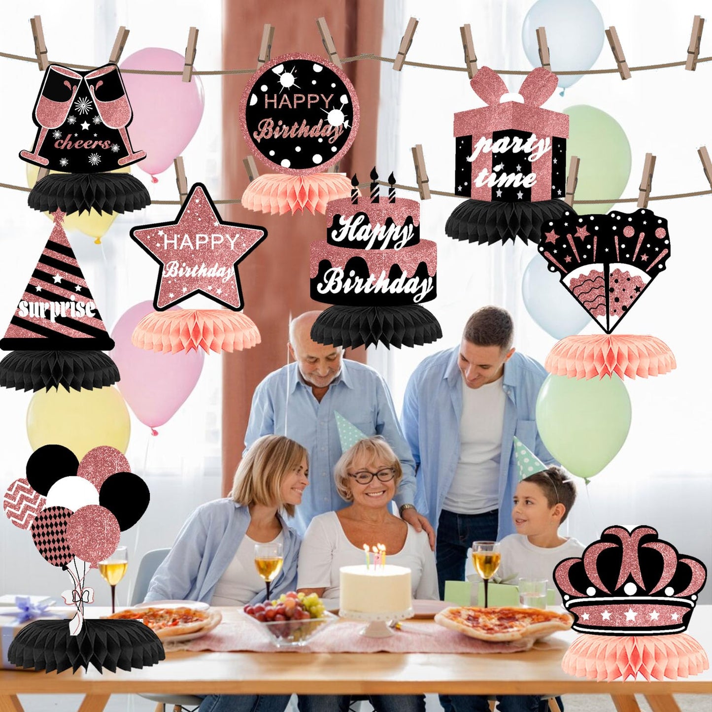 WINPOGEE 9PCS Rose Gold Black Happy Birthday Decorations Honeycomb Centerpieces for Women MenHappy Birthday Table Centerpieces Party Supplies Birthday