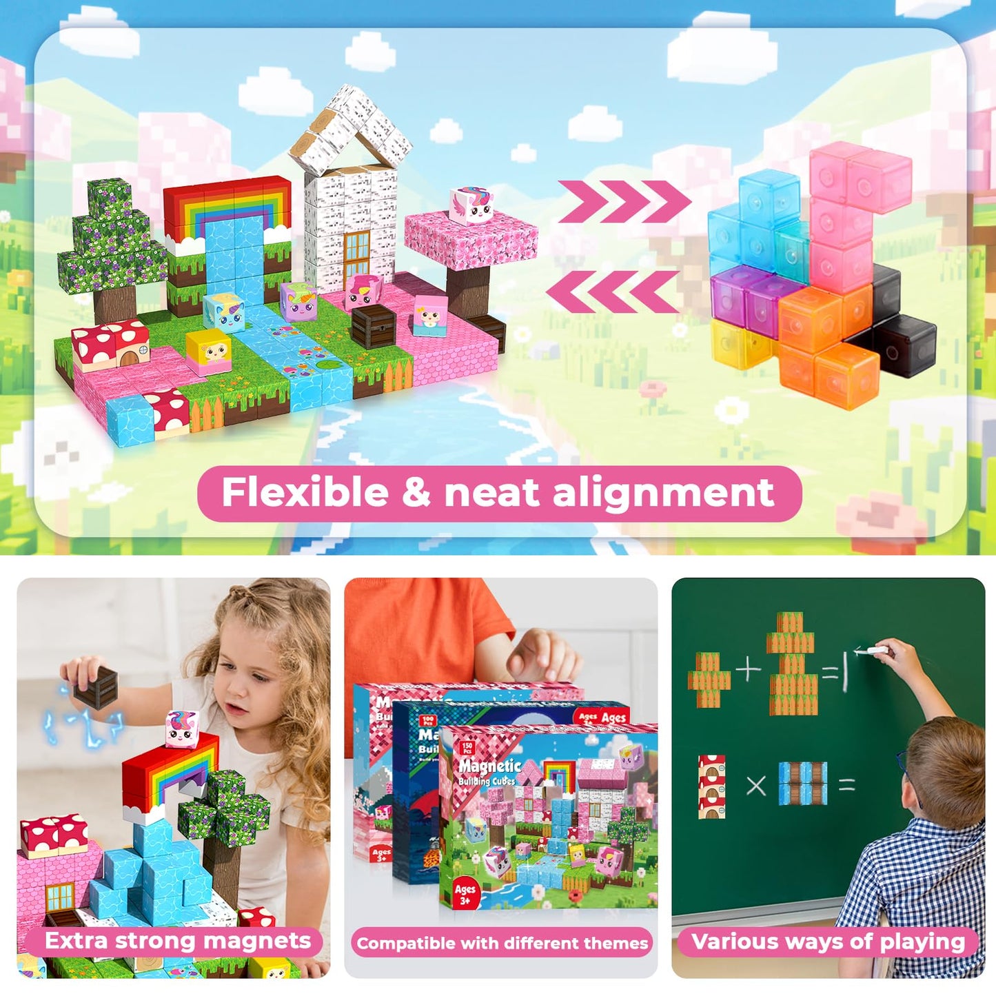Annexfun Magnetic Blocks - 150PCS Building Blocks Unicorn Cubes - Toys for Montessori Toddler Christmas Birthday Gifts - STEM Sensory Toys for 3 4 9