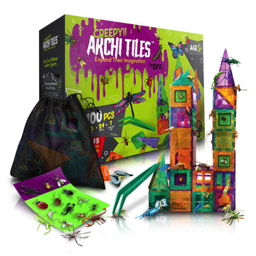 DIY jr Creepy Archi Tiles - Magnetic Tiles for Kids - Colorful Construction Building Blocks with Bugs, Storage Bag, Stickers, Tweezers - Creative