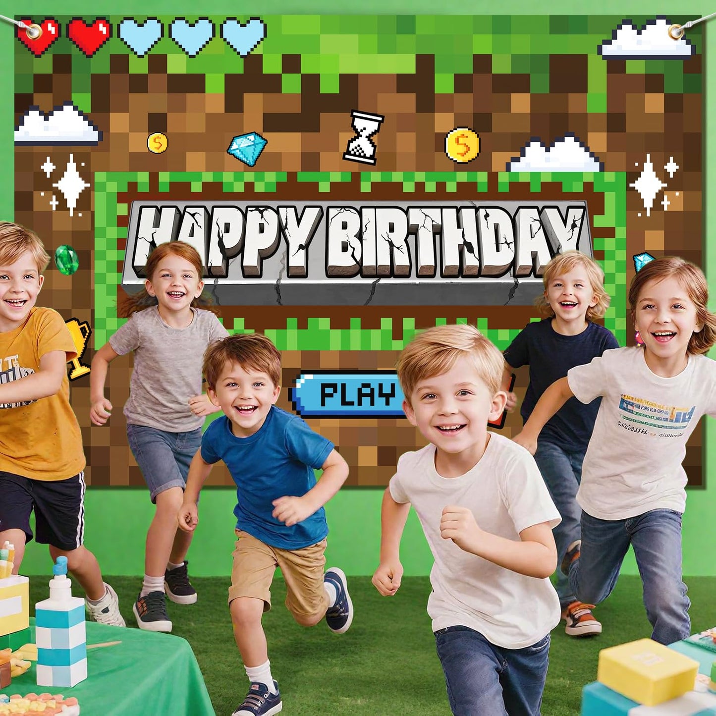 Pixel Birthday Party Decorations Pixel Video Game Banner for Miner Birthday Party Backdrop Photo Background Wall Decor Mining Party Supplies