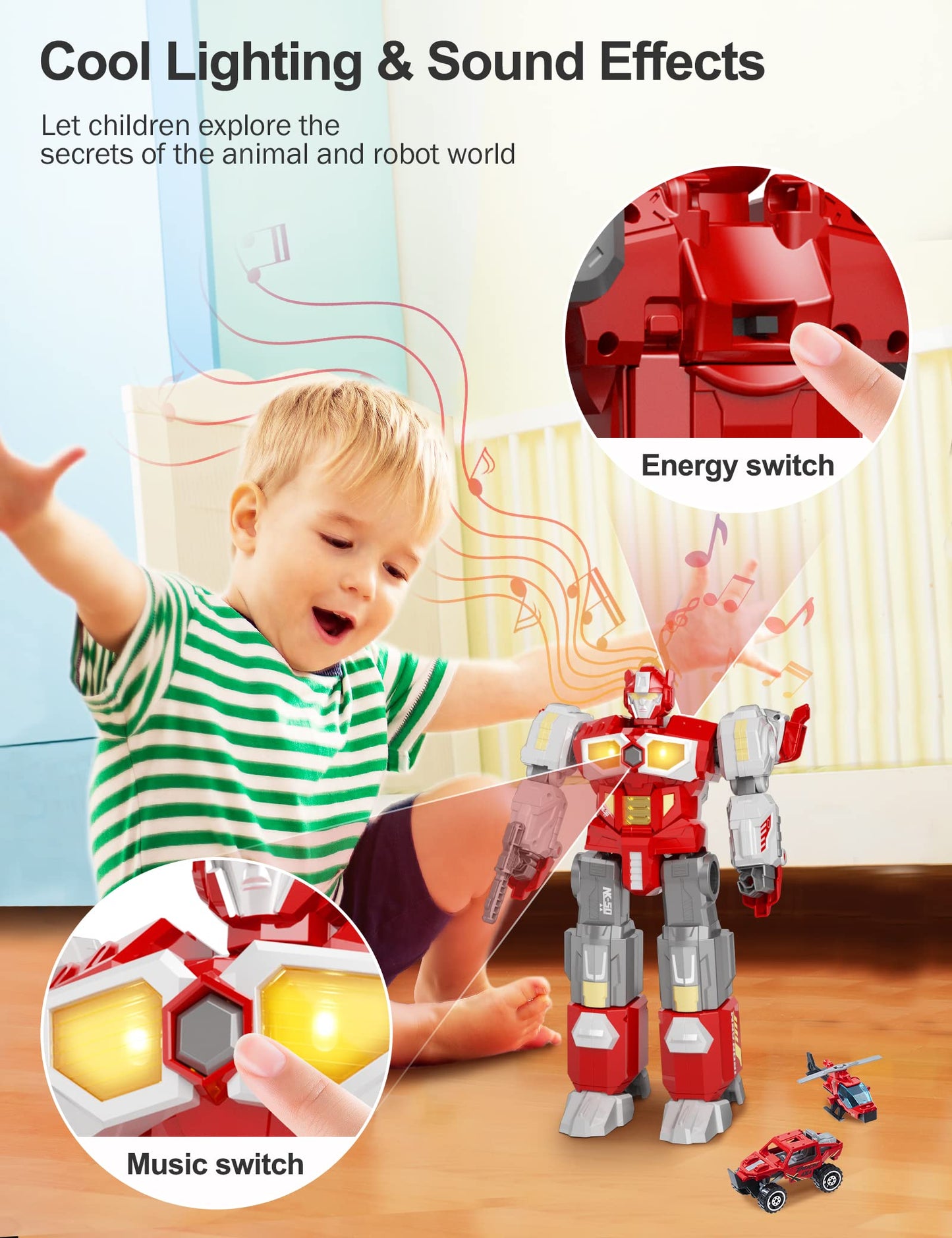 MIEBELY Magnetic Dinosaur Robot Transforming Toys, 3-in-1 Magnet-Assembling Action Figure with Lights & Sounds, Military Base Playset with Cars