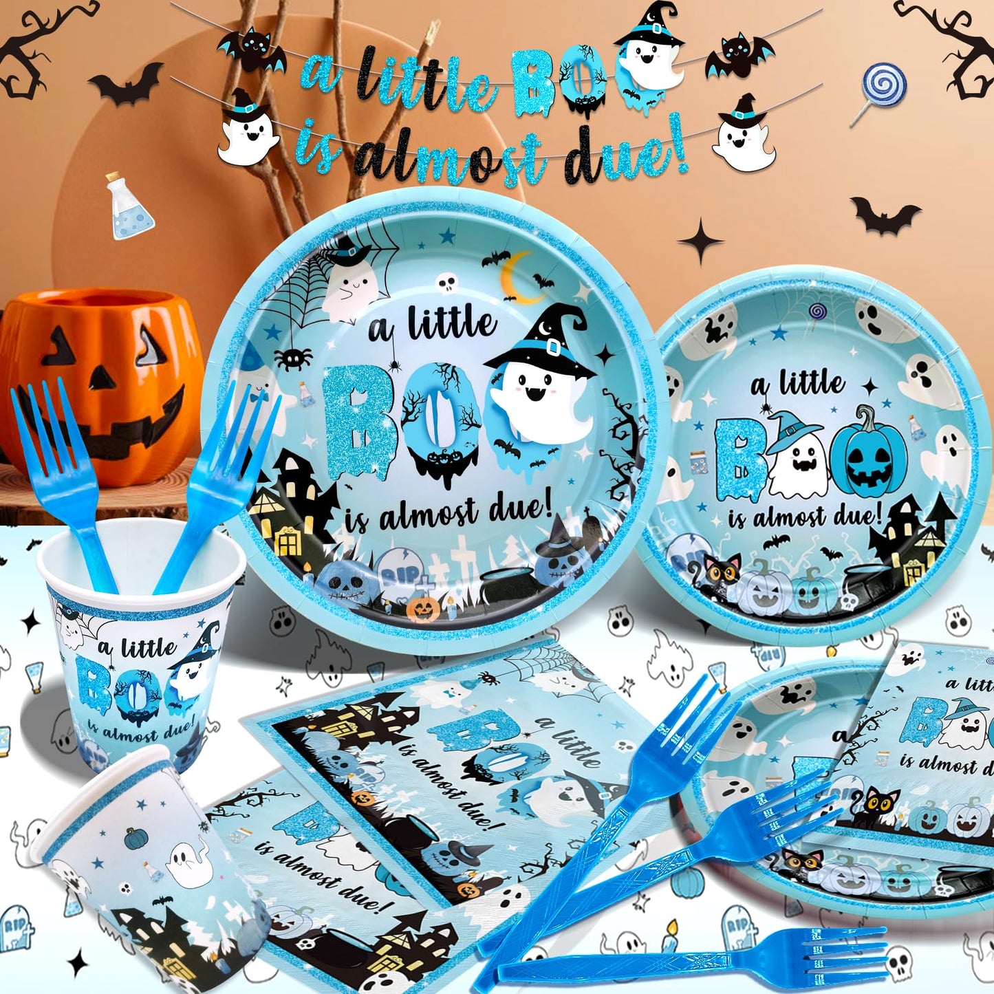 147Pcs A Little Boo Is Almost Due Baby Shower Boy Little Boo Baby Shower Decorations Boy Halloween Plates and Napkins Blue Halloween Tableware