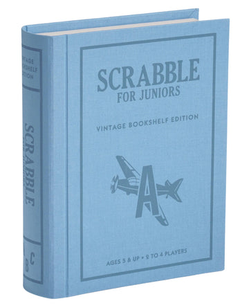 WS Game Company Scrabble for Juniors Vintage Bookshelf Edition: Linen Fabric-Wrapped Book Case - Educational Scrabble Jr. Board Game for Kids