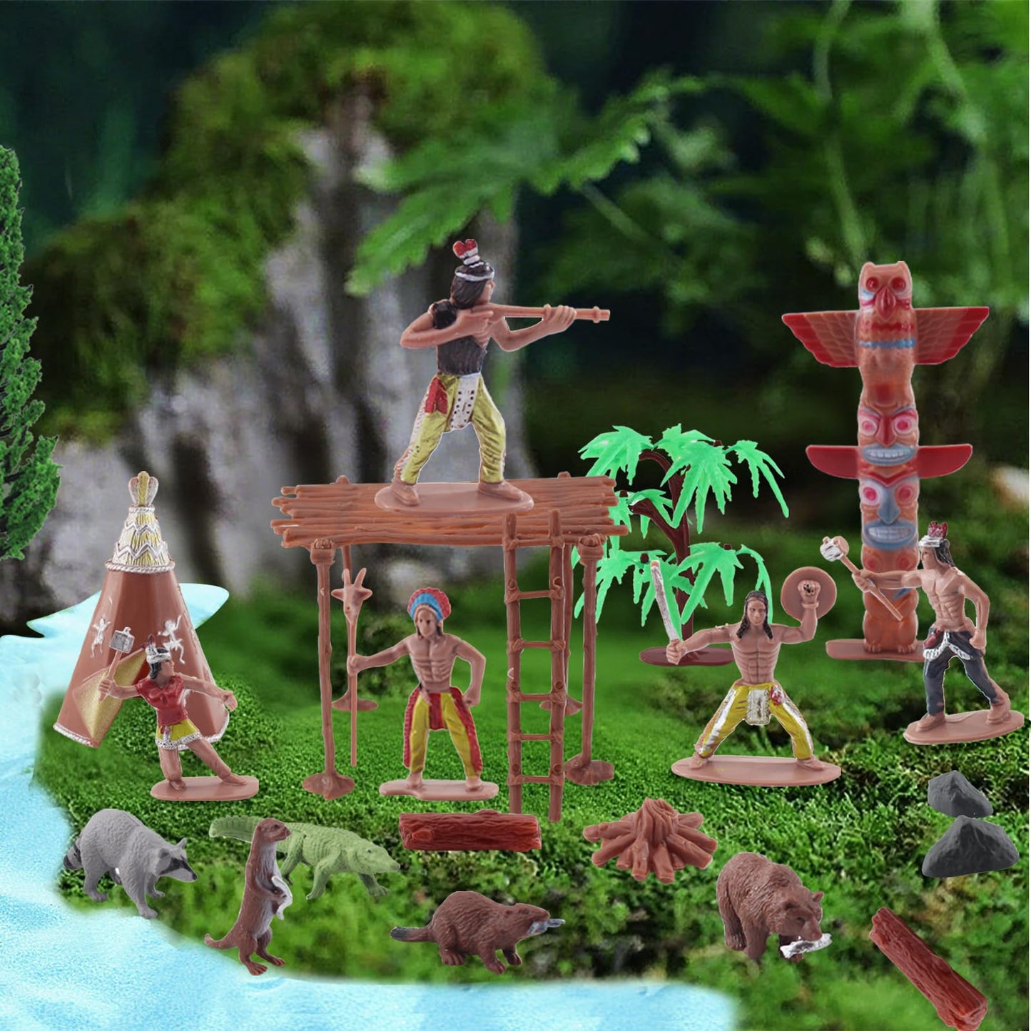 TUSAUW 57 Pcs Plastic Indians Figures Playset Toy,Native American Indians Action Figurines and Accessories with Horse, Tent, Totem for School Diorama