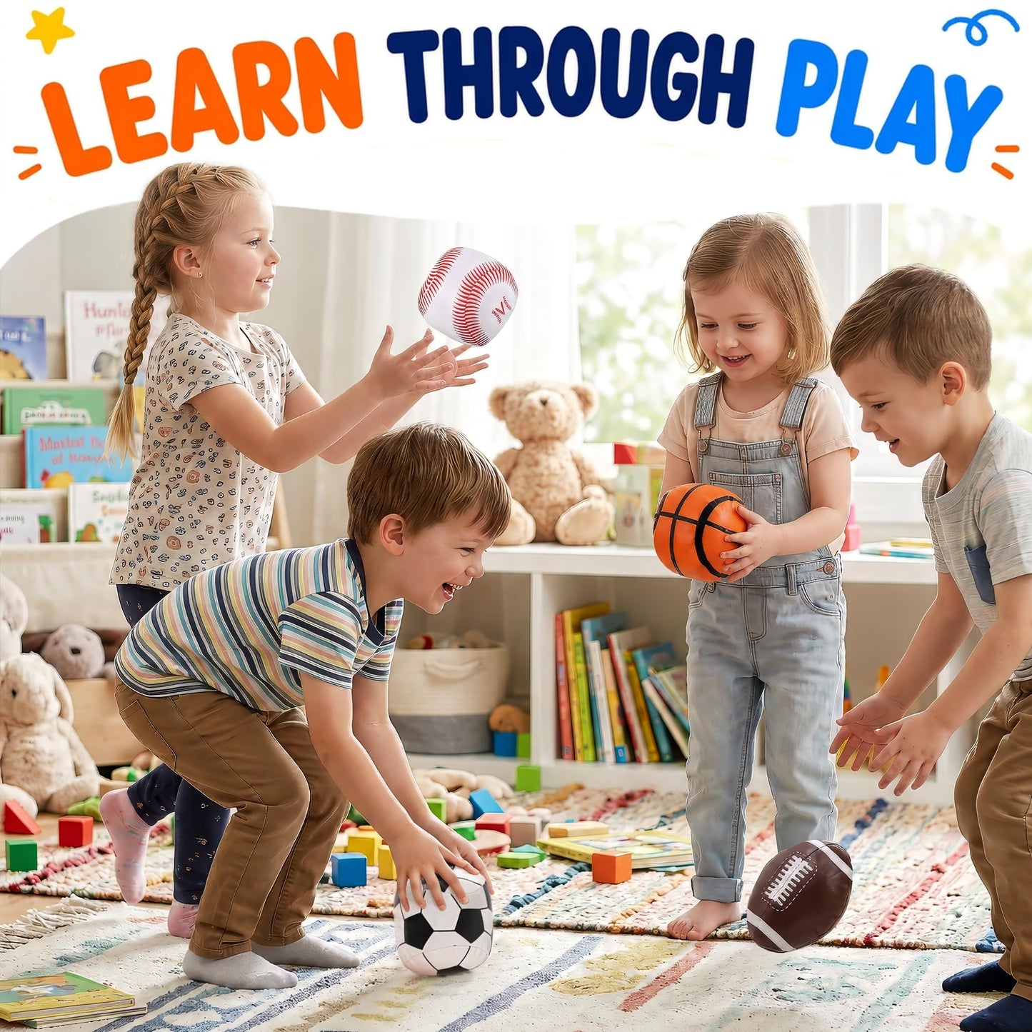 Liberty Imports 4 Pk Soft Stuffed PU Sports Balls for Kids, Toddlers - Football Baseball Basketball Soccer