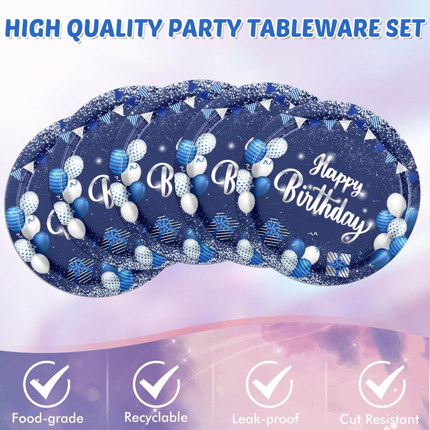 Navy Blue and Sliver Birthday Decorations Happy Birthday Party Tableware Set Happy Birthday Tablecloths and Plates Napkins Party Dinnerware for Men