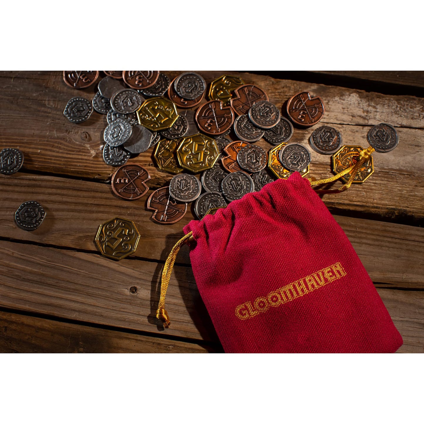Cephalofair Games: Gloomhaven: Metal Coin Upgrade - 60 Coins & Drawstring Bag, Board Game Accessory, Metal Currency, Detailed Art