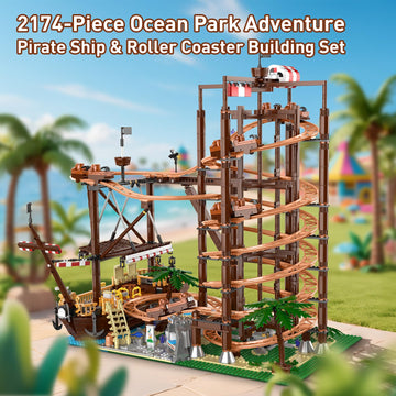 Mould King 11013 Roller Coaster & Pirate Ship Building Set, 2174-Piece Amusement Park Model with Motorized Loop Coaster, Double Helix Roller Coaster