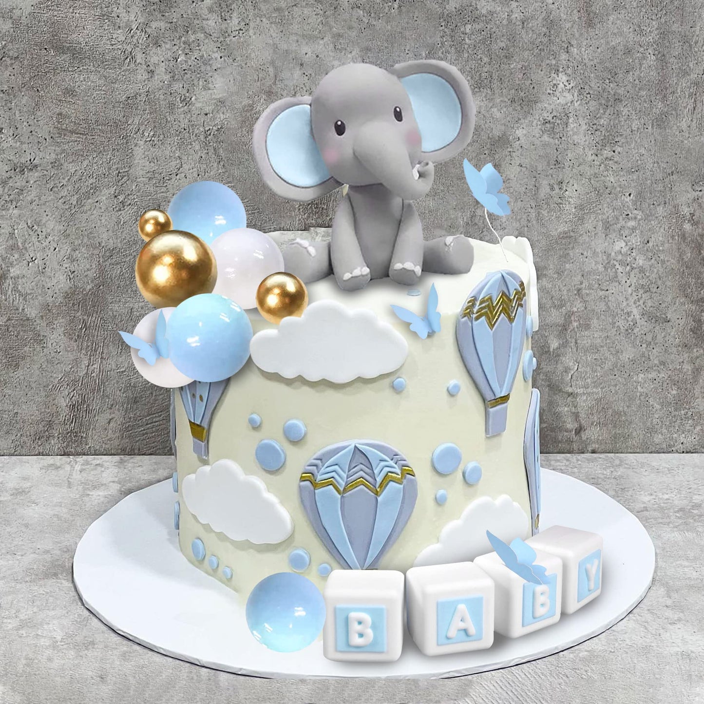Elephant Cake Decoration Mini Elephant Cake Topper Blue Letter Cake Toppers Gold Blue White Pearl Ball for Elephant Theme Birthday Supplies (BLUE)