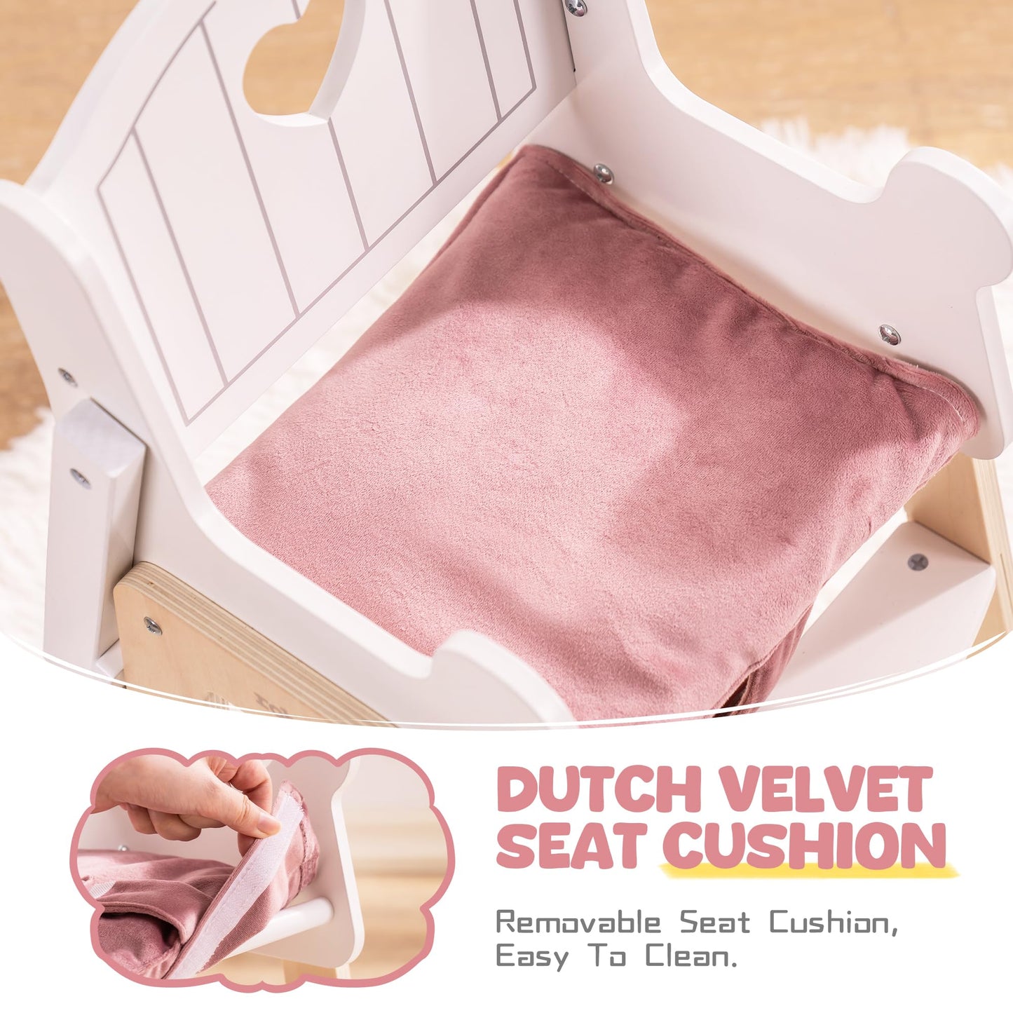 ROBOTIME Wooden Baby Doll High Chair, Pink Wooden Baby Doll Chair for 18 Inch Dolls, Pretend Play High Chair Baby Doll Accessories, Small