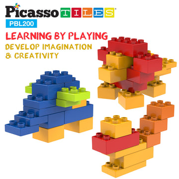 PicassoTiles 200 Piece Large Construction Brick Building Blocks STEM Bricks Toy Set Creative Learning Early Education Playset 5 Colors 4 Unique Shapes