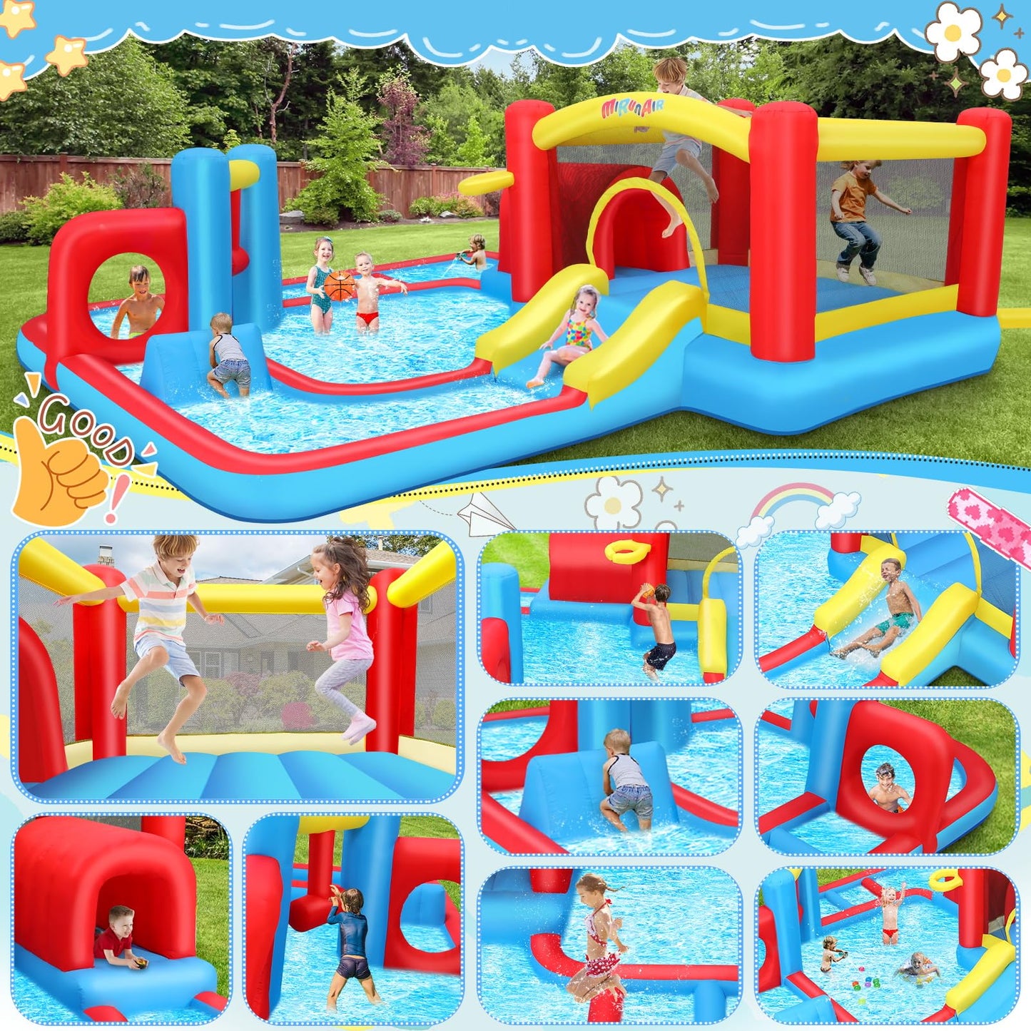 14.3FTx14.3FT Inflatable Bounce House Water Slide for Kids with 520W Blower