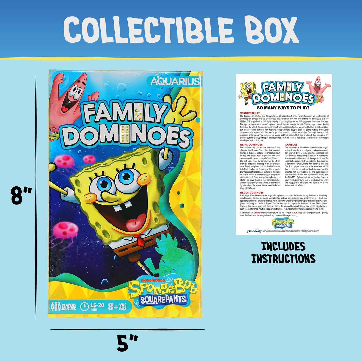 AQUARIUS Spongebob Squarepants Family Double 6 Dominoes Game, Domino Tile Stacking Game for Kids and Adults, Official Nickelodeon Board Game, 2-6