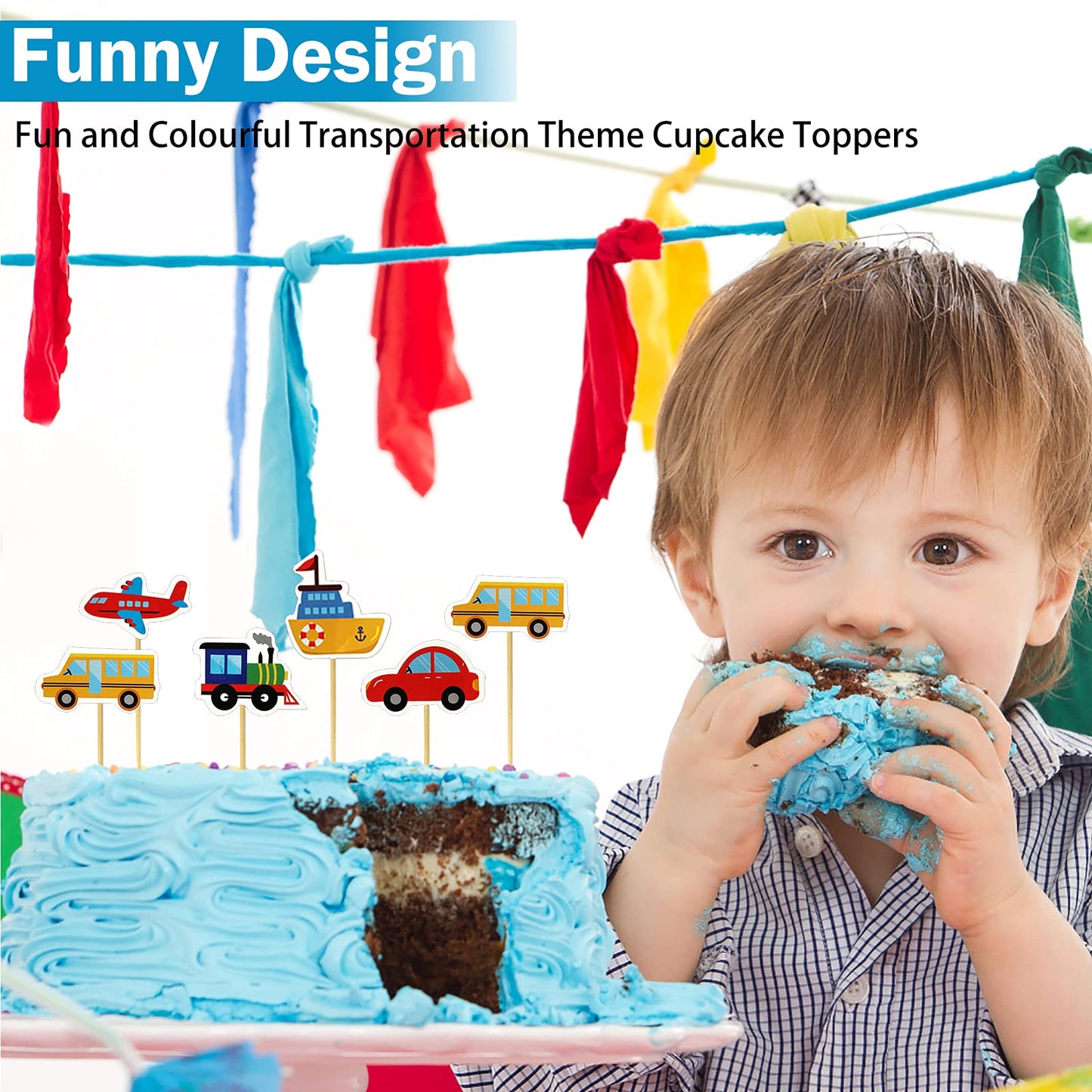 BIEUFBJI Transportation Cupcake Toppers 30 Pack Car Truck Train Airplane Ship Party Cake Toppers Picks for Kids Birthday Baby Shower Party Decorations