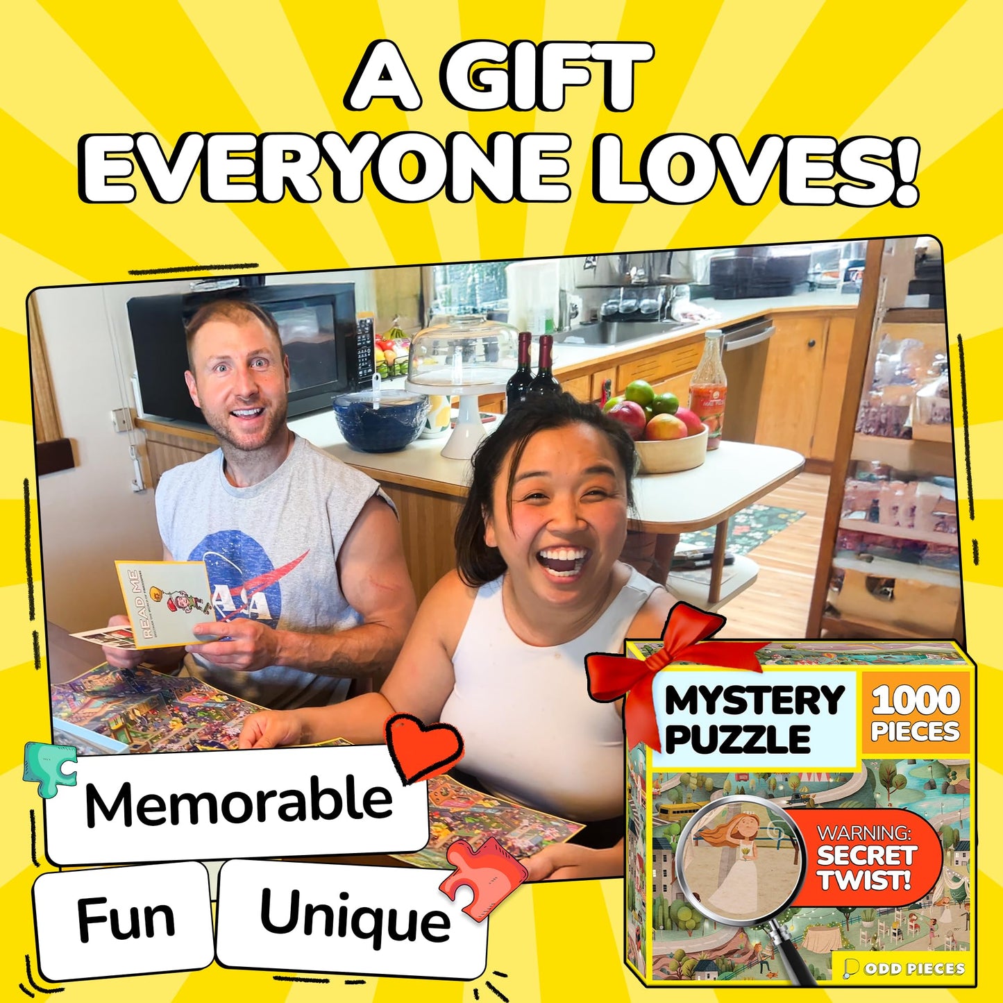Odd Pieces Jigsaw Puzzles 1000 Pieces with Storytelling Comics, for Women, White Elephant, Mystery Puzzle for Adults & Kids - 19.7'' x 27.6''