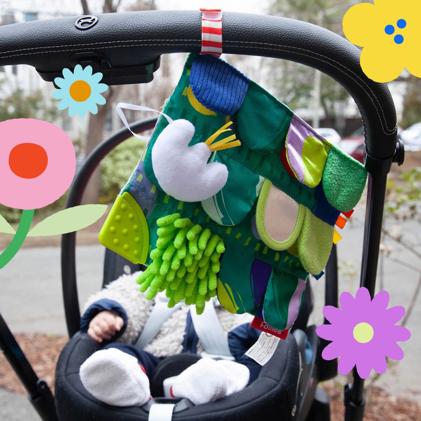Follies The Sensory Garden Baby Stroller and Tummy Time Toy - Portable Baby Toy - Crinkles, Mirror & Textures, Montessori-Inspired Infant Toy