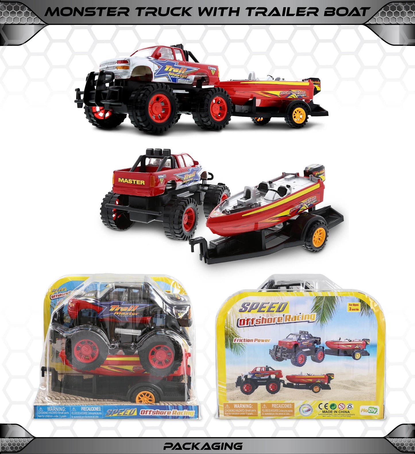 Mozlly Monster Truck Toys Set with Trailer Toy Boat - Friction Powered Hauling Truck and Trailer Toy, Big Toy Monster Truck with Boat, Adventure Truck