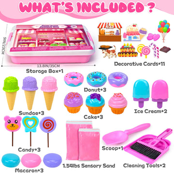 Bloolilies Sensory Bin, Ice Cream Sand Box Set with Magic Sand, Ice Cream Toys Molds and Cleaning Tools Sandbox with Lid Play Sand Art Kits for Kids