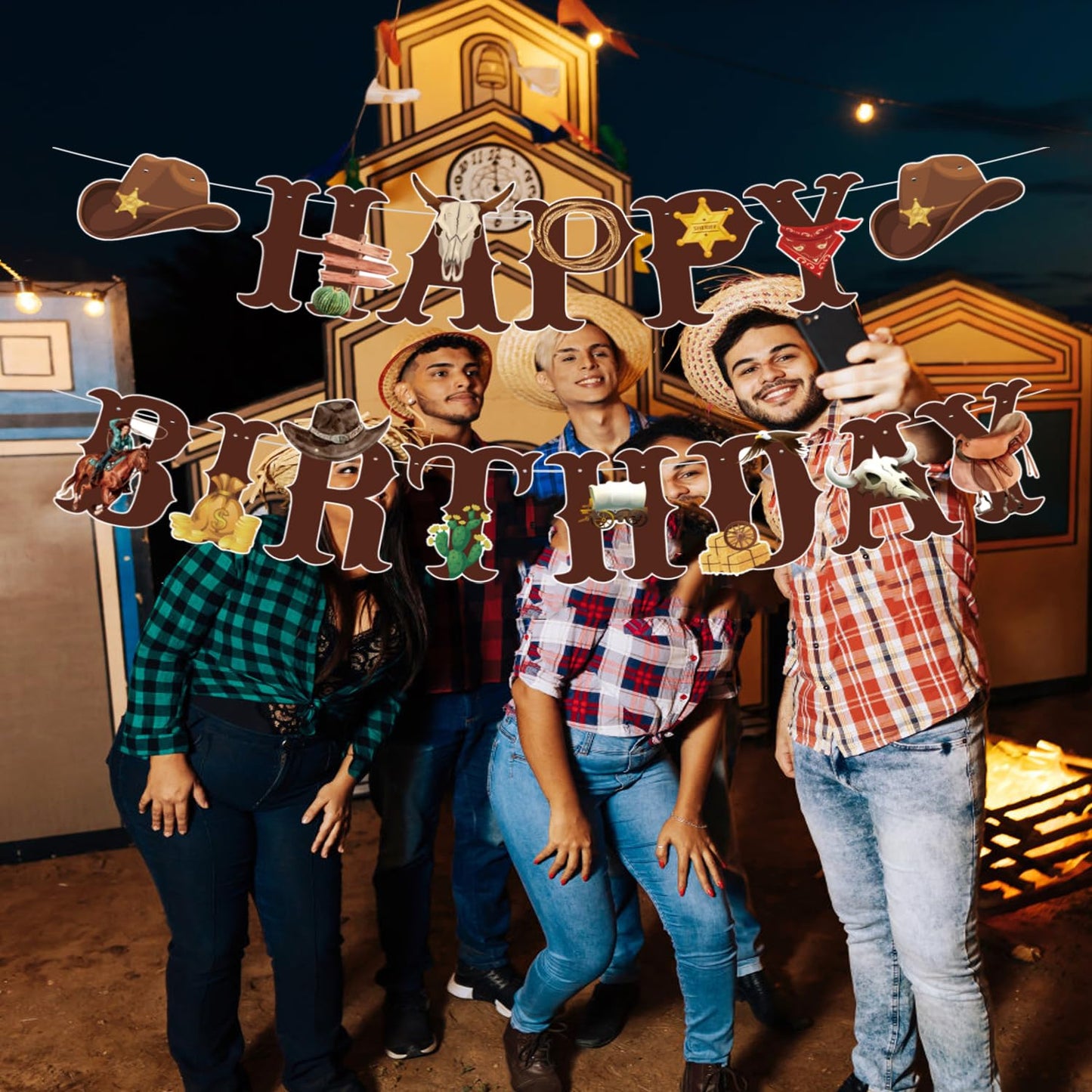 Western Cowboy Theme Wild West Party Decoration,Pre-Strung Happy Birthday Banner,Retro Horse Rodeo Party Supplies for Boys,Cowboy Hat Horses Garland