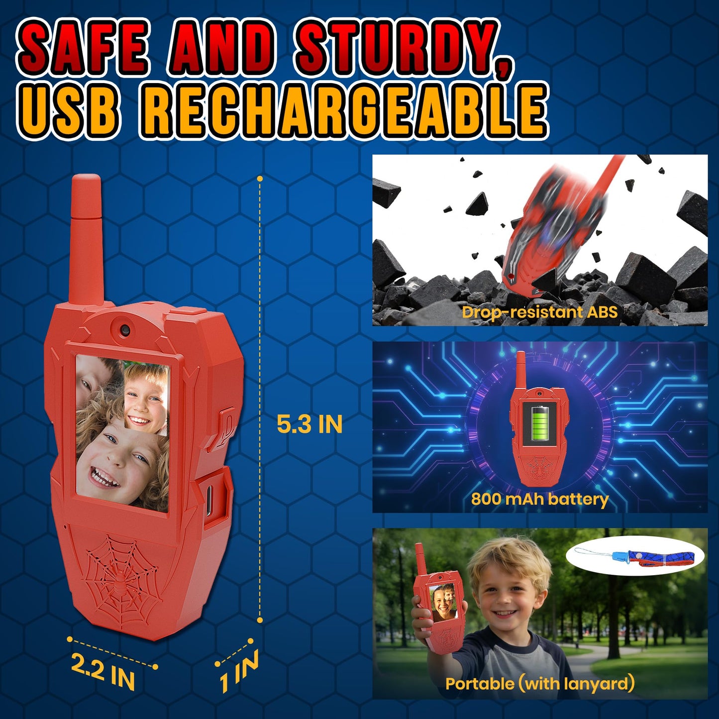 FUTESI Video Walkie Talkies for Kids 2 Pack, Rechargeable Kids Walkie Talkies Ages 3-8 with HD Camera, Long Range Outdoor Toys for Boys Girls, Spider