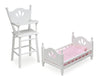 Badger Basket Doll High Chair and Bed Set - Classic Wooden Furniture for 18 Inch Dolls with Chevron Bedding, Spindle Styling, Fixed Tray and Pillow