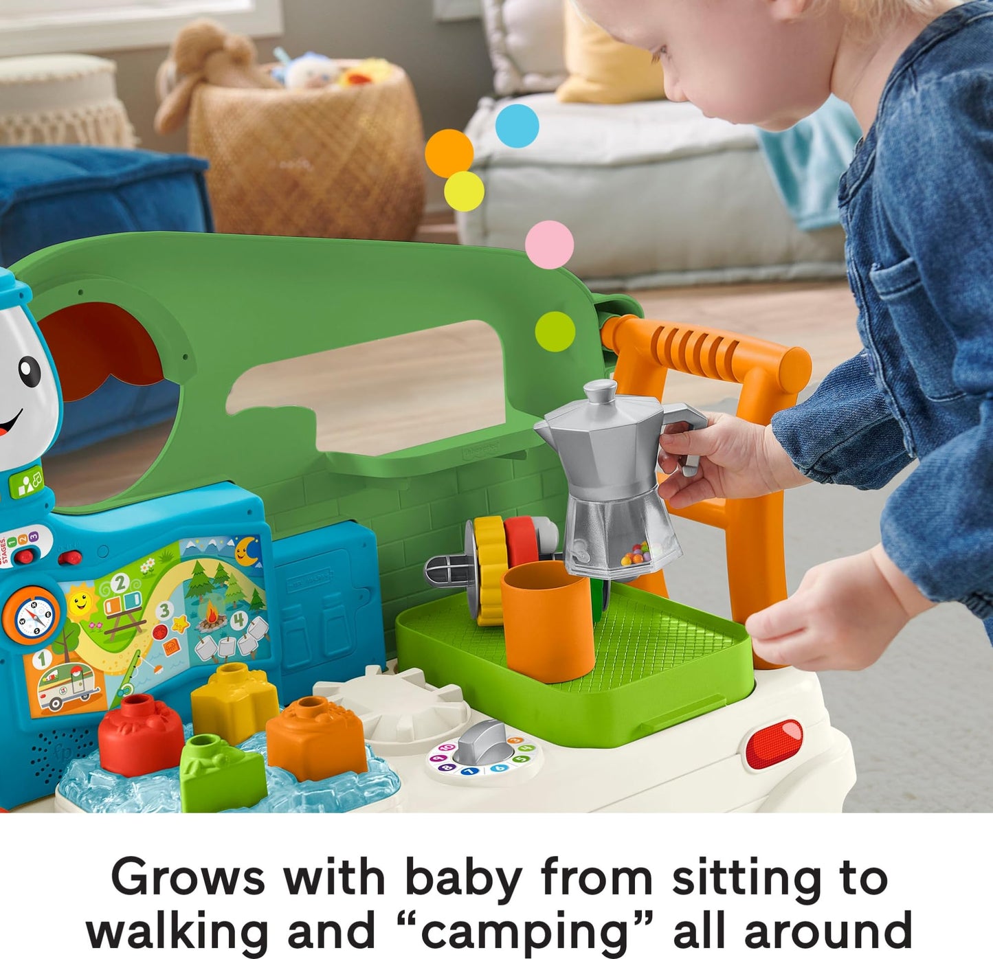 Fisher-Price Baby to Toddler Toy Laugh & Learn 3-in-1 On-the-Go Camper Walker & Activity Center with Smart Stages for Ages 9+ Months, Tan/Green