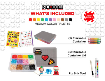 Pix Brix Pixel Art kit Puzzle Bricks - 3,000 Piece Pixel Art Container, 12 Color Medium Palette - Interlocking Building Bricks, Create 2D and 3D