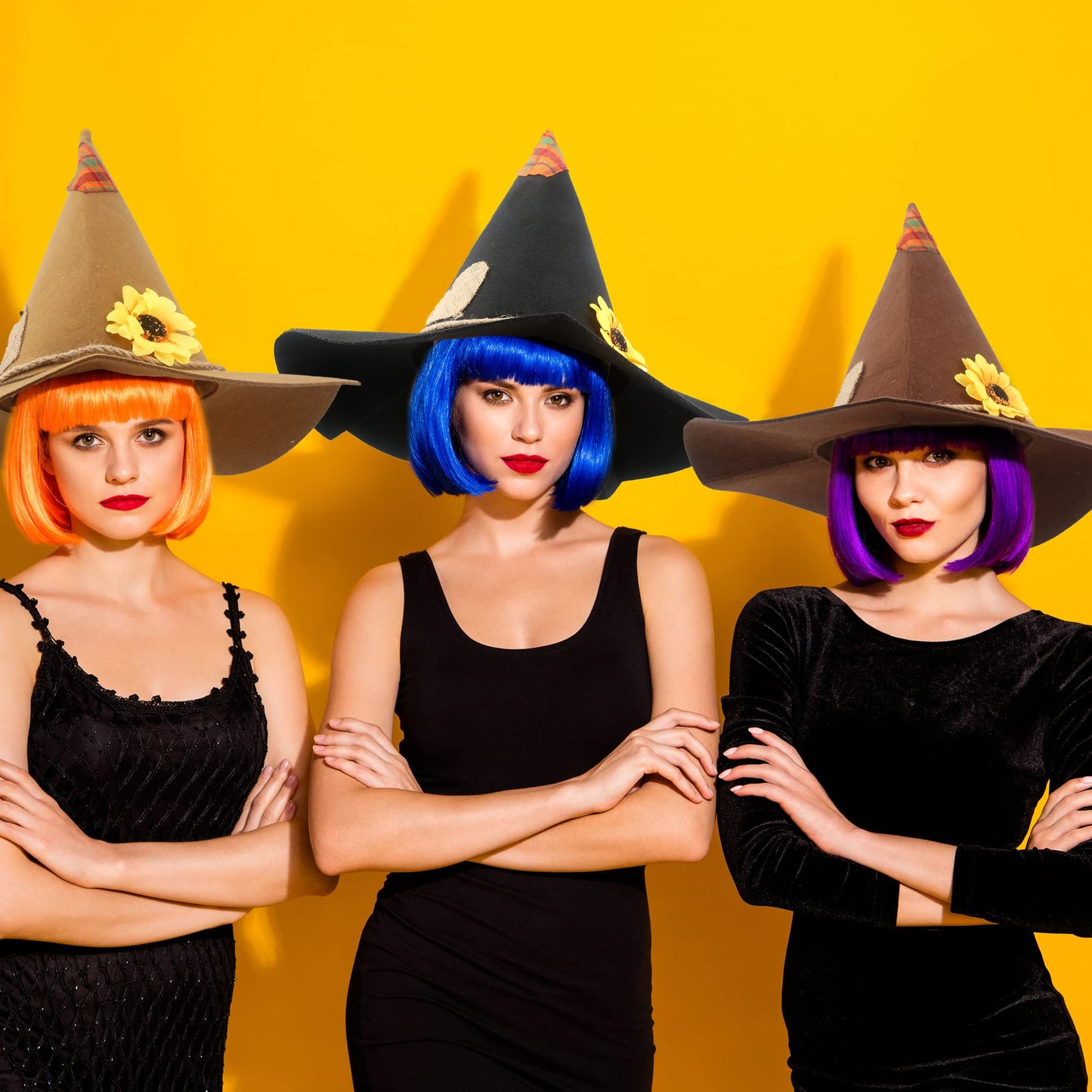 Haconba 3 Pack Halloween Scarecrow Hat Sunflower Felt Scarecrow Witch Hats for Halloween Cosplay Scarecrow Theme Party Costume Accessory, 3 Colors