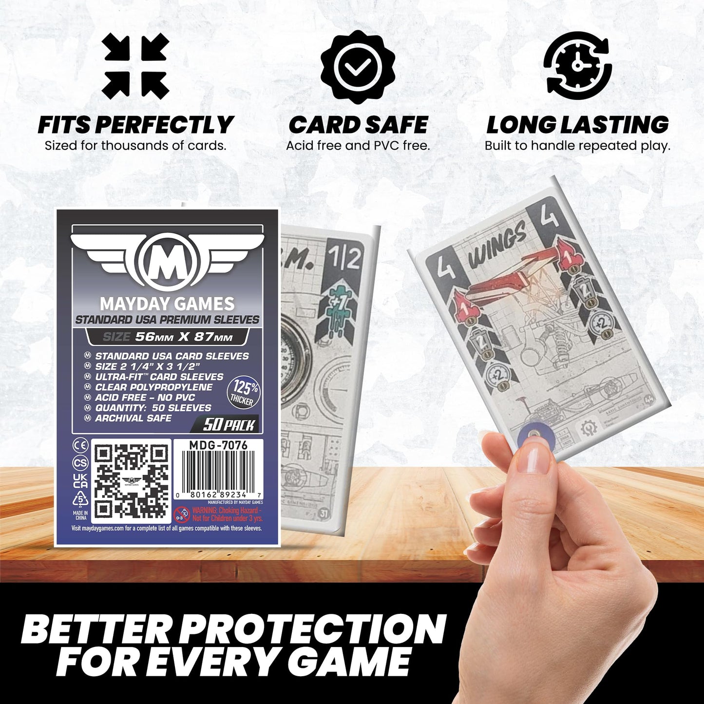 Mayday Games Premium Card Sleeves USA Standard 56x87mm - Clear Board Game and K-Pop Photocard Sleeves, 90 Micron Protector, 50 Pack - MDG-7076