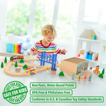 Wooden Train Set Deluxe 52 Pcs with Storage Gift Box Tunnel 9 Layouts Magnetic Trains STEM Montessori Toys Playset for Grandkids Toddler Boys Girls