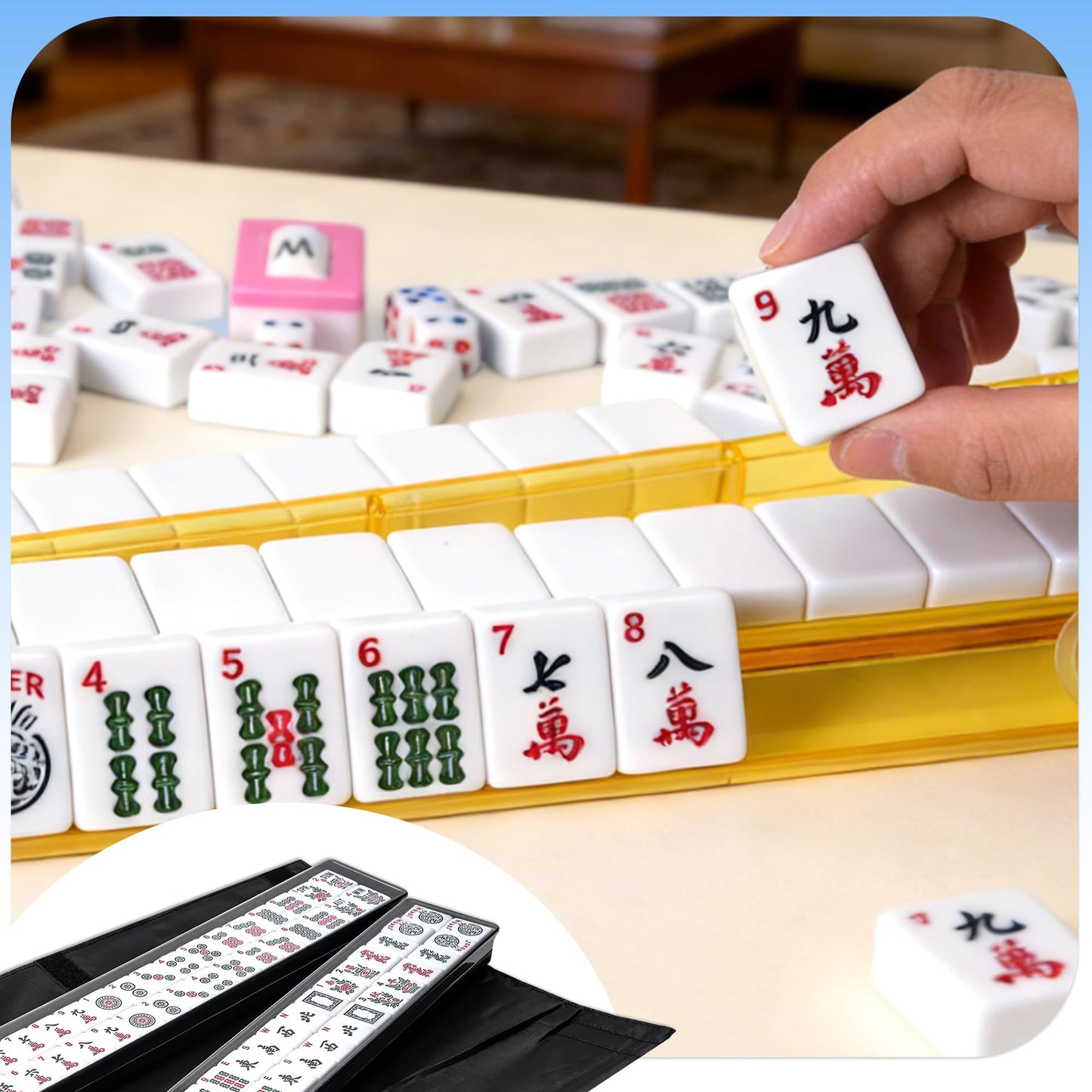 Noufwa American Mahjong Tile Set - 166 Quality White Tiles & 4 All-in-One Mahjong Racks with Pushers, Travel Vita Mahjong Game Set Complete