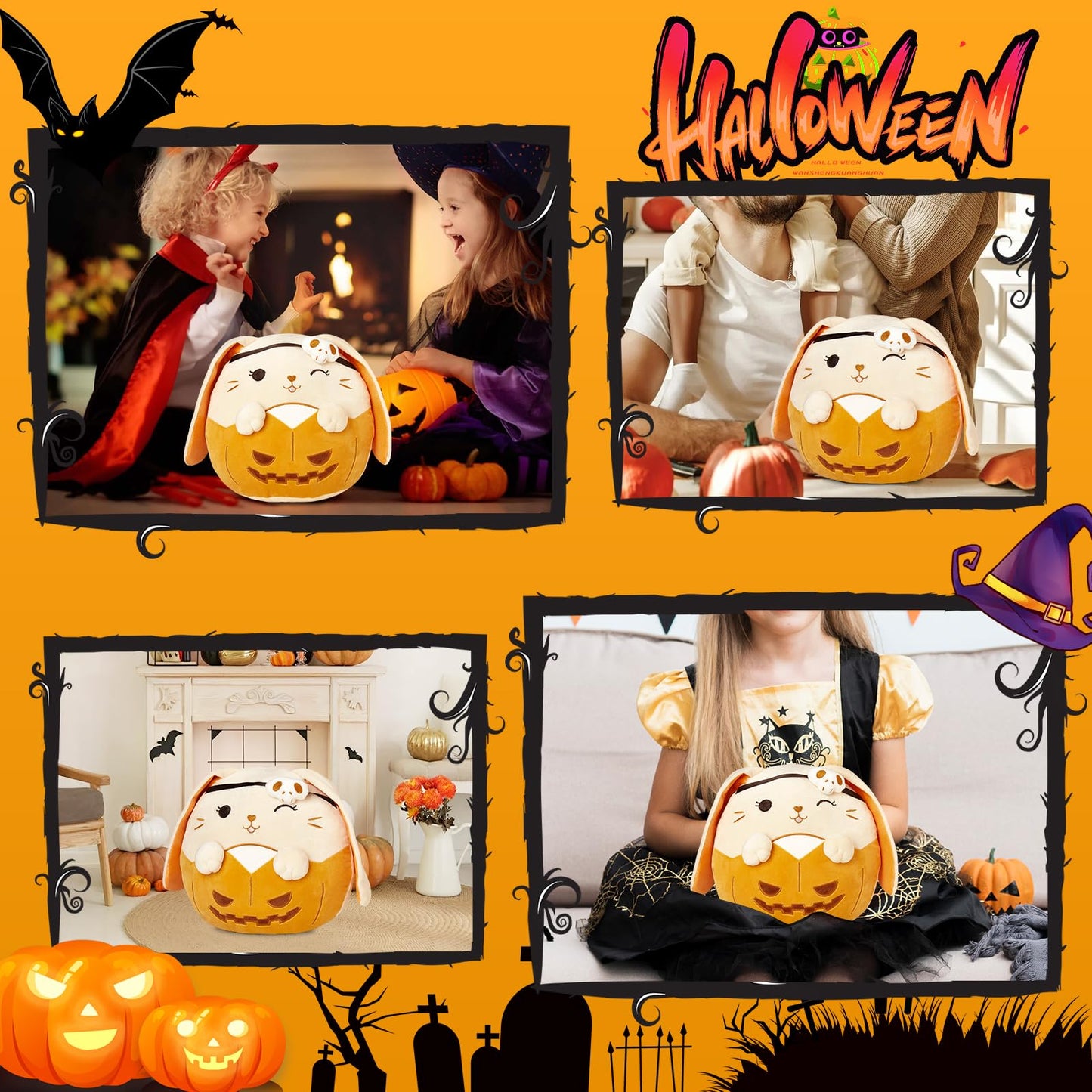SpecialYou 11.8" Halloween Skull Bunny Plush Pillow, Jack-O-Lantern Lop Eared Bunny Stuffed Animal Plush Toy, Pumpkin Ghost Skull Rabbit Plushie Gift