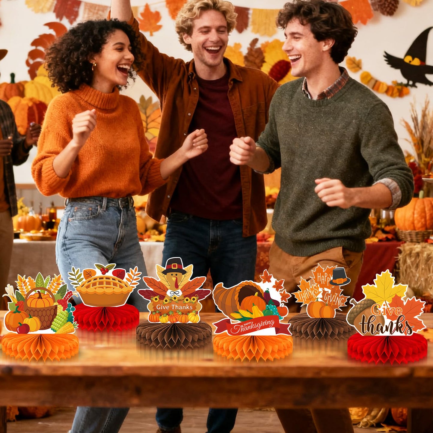 9 Pieces Thanksgiving Honeycomb Centerpieces Table Decor, Turkey Pumpkin Cornucopia Harvest Fall Party Table Topper Ornaments Signs, Fun Autumn