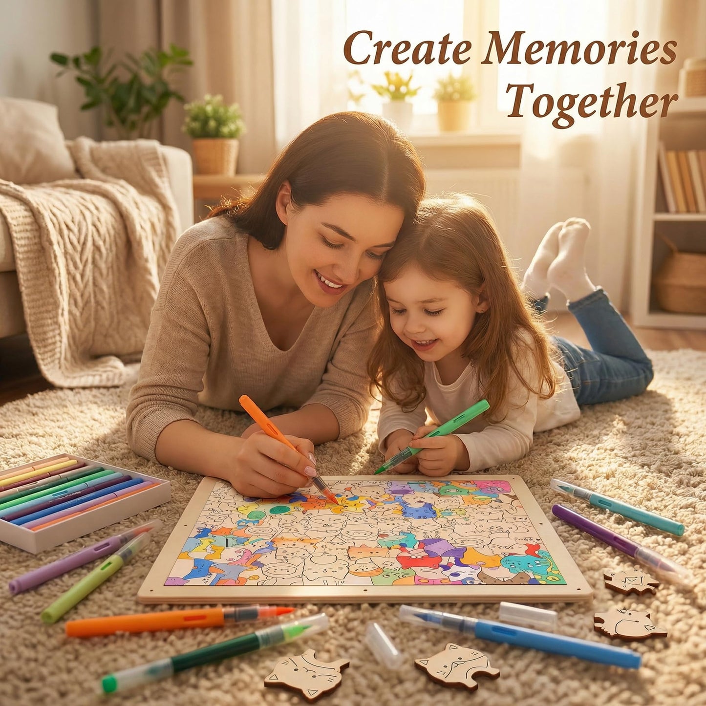 DIY Wooden Cat Puzzle Frame, 75 Colorable Puzzle Pieces, Comes with 12 Coloring Pens, Creative Art Craft Set, Suitable for Adults, Unique Handmade