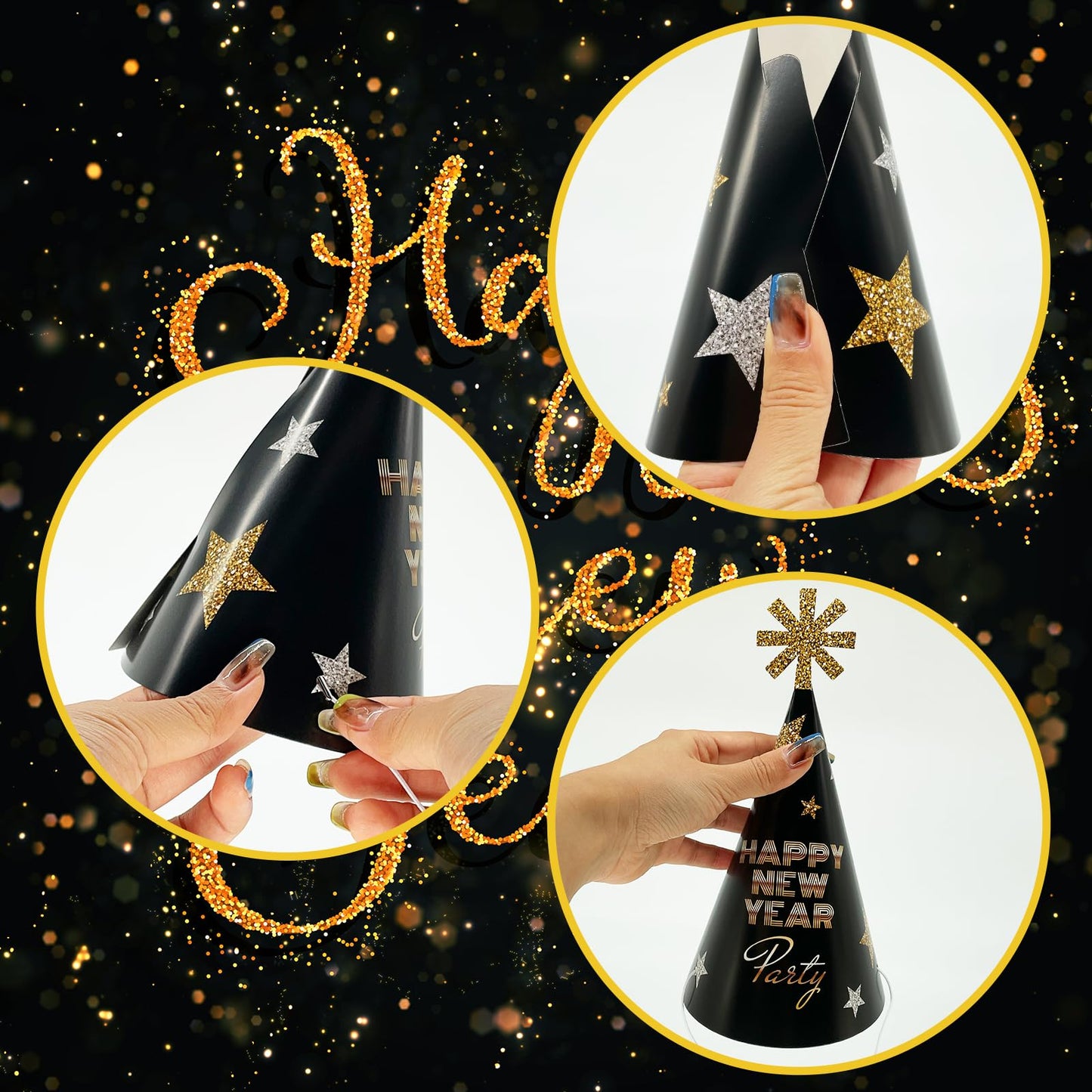 M1NTP1US + 24PCS Happy New Year Party Hats 2026 - New Year’s Eve Cone Hat Party Supplies Decorations