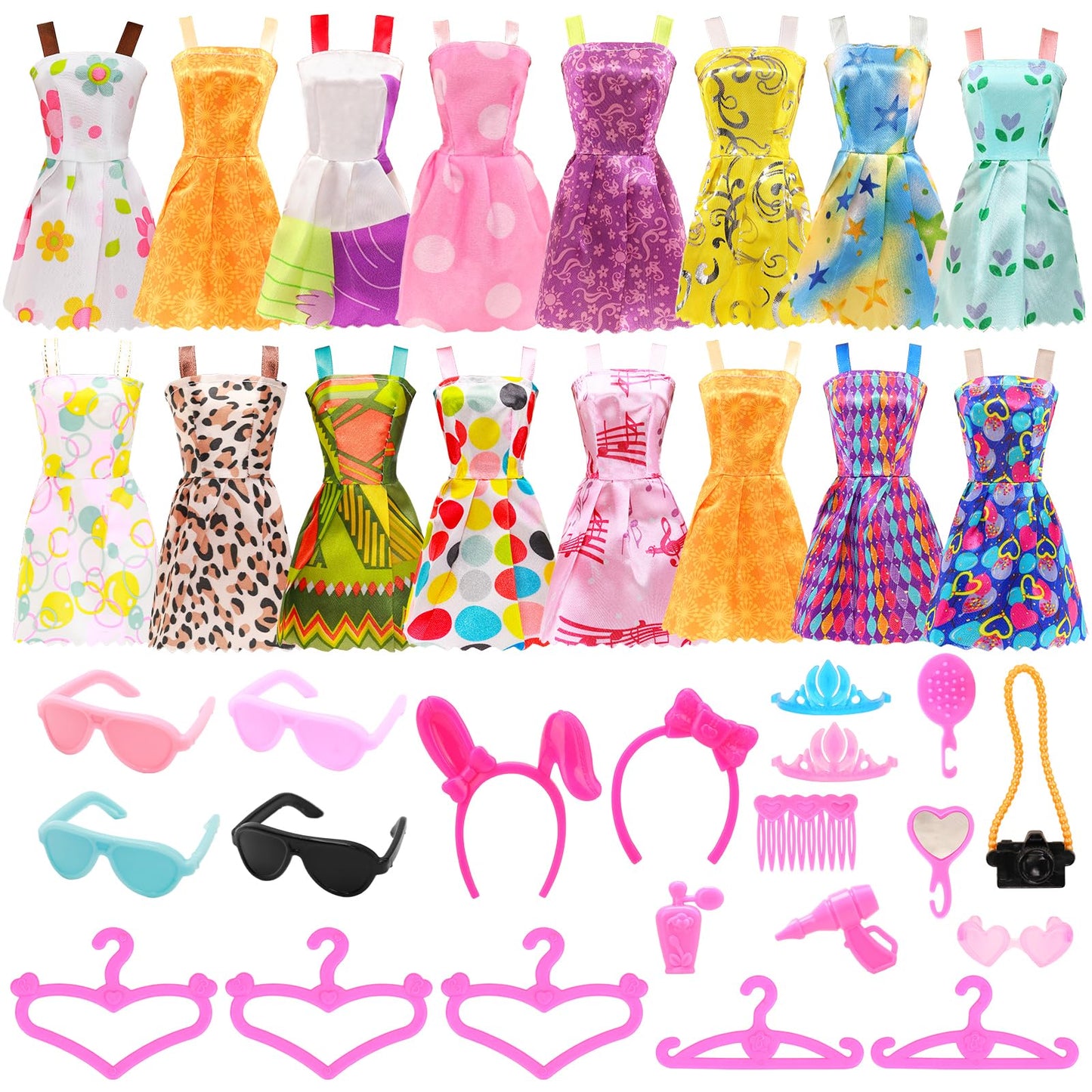 BARWA 53 pcs Doll Clothes and Accessories 10 pcs Party Dresses with 42 pcs Shoes, Crown, Necklace, Hangers, Bags, Accessories for 11.5 inch Doll