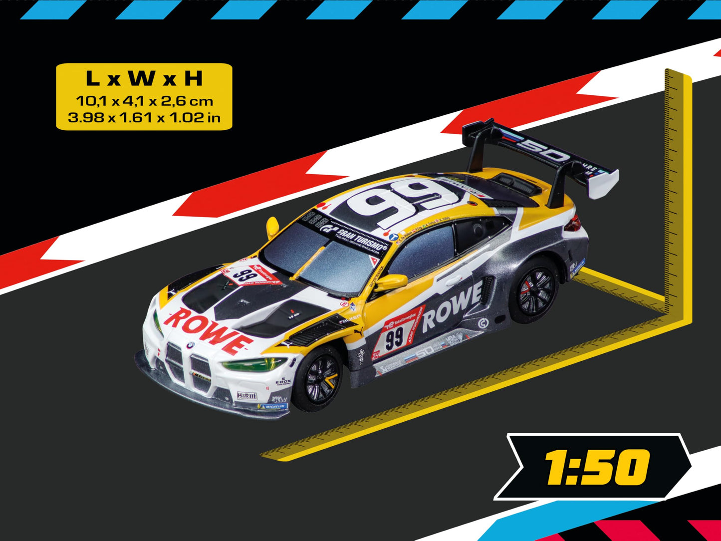 Carrera Hybrid Racing Car BMW M4 GT3 ROWE Racing, No.99 1:50 Scale Front and Rear Lights USB-C Rechargeable RC Additional Vehicle