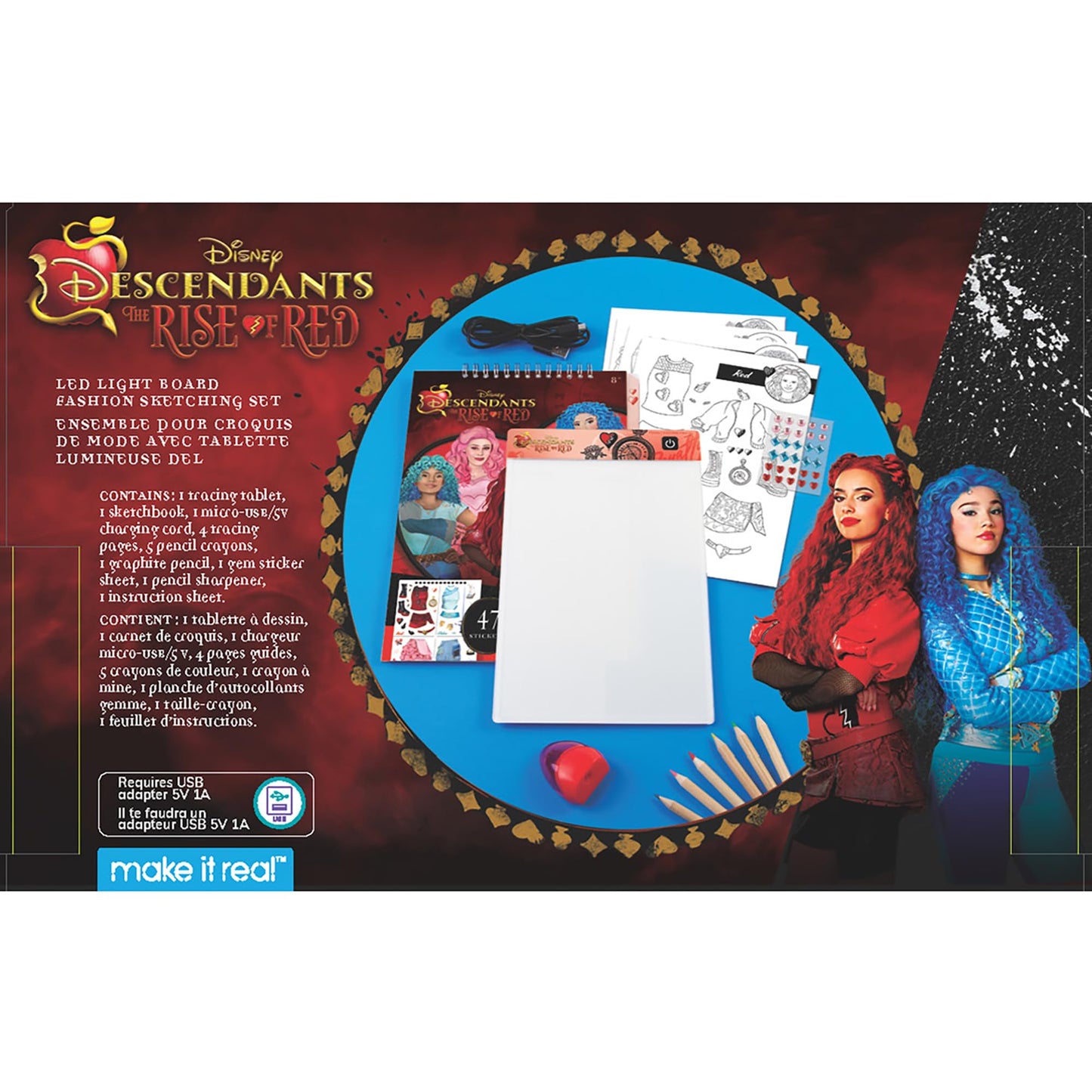 Make It Real: Descendants 4 Rise of Red - LED Light Board Fashion Sketching Set - Create Fashion Designs, Adjustable Light, Disney, Girls-Kids Age 8+