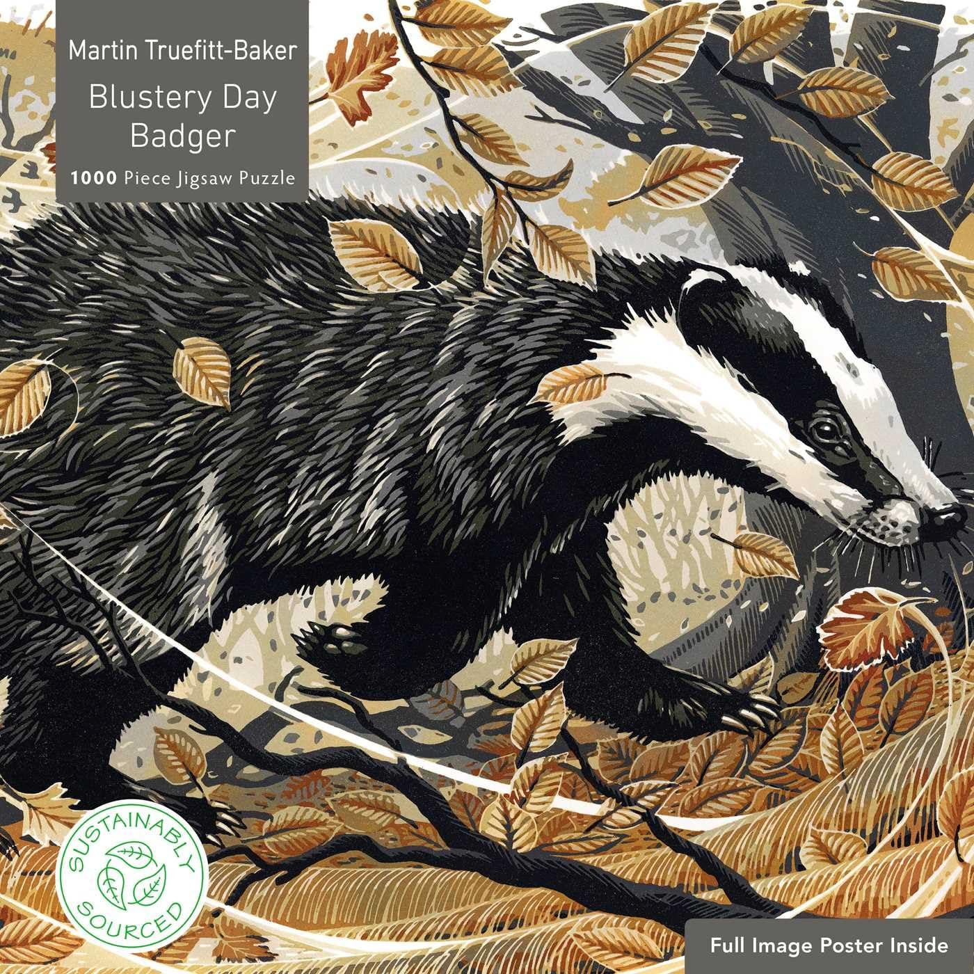 Adult Sustainable Jigsaw Puzzle Martin Truefitt-Baker: Blustery Day Badger: 1000-pieces. Ethical, Sustainable, Earth-Friendly
