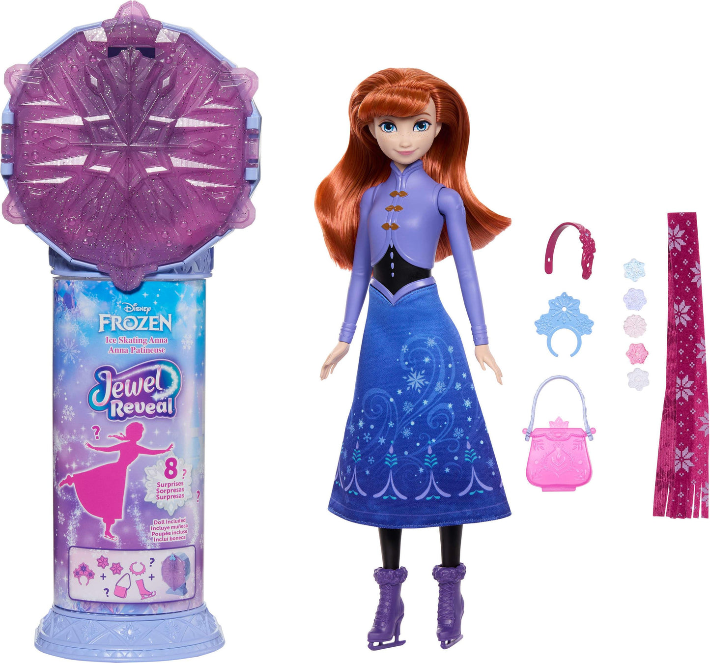 Mattel Disney Frozen Anna Ice Skating Fashion Doll & Accessories with 8 Surprises, Including Snowflake Gem Box, Ring for Child & Play Pieces
