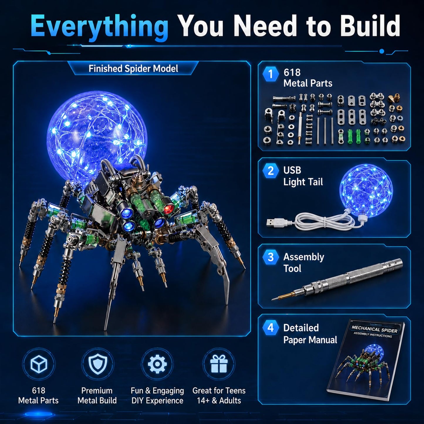 3D Metal Puzzle for Adults,Spider Puzzle Building Set?3D Metal Model Kit, Brain Teaser Puzzles DIY Assembling for Stress Relief - High end Men's Gift