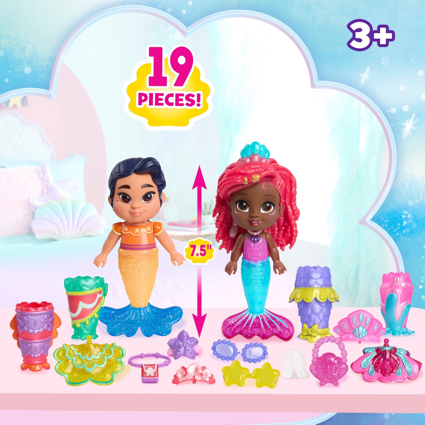 Disney Junior Ariel Pop Tails Deluxe 7.5-inch Doll and Accessories Set, 19-pieces, Kids Toys for Ages 3 Up by Just Play