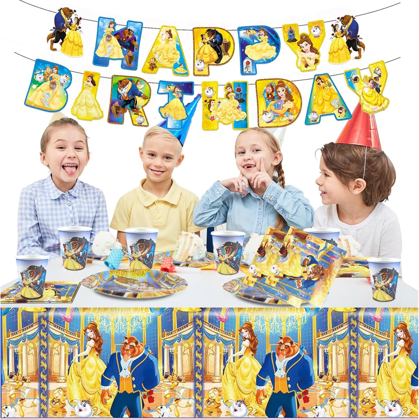 Beauty and The Beast Party Decorations(Serves 20), Princess Belle Birthday Party Tableware with Banner, Tablecloth, 20 Disposable 7" Paper Plates