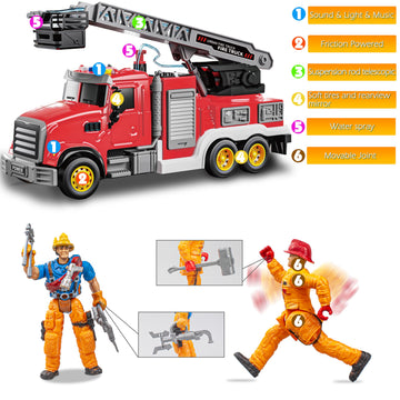 i DIY Fire Truck Toy with Sound & Light - 2pcs Firefighter & Water Sprinkler with Water Tank - Friction Powered Toy for Toddlers 3-5