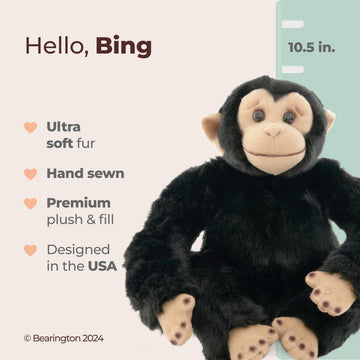 Bearington Bing The Stuffed Monkey Plush - 10.5" Chimpanzee Plush Toy with Soft Fur and Lifelike Features - Adorable Stuffed Animal Monkeys Cuddly