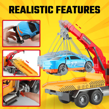 MOBIUS Toys Tow Truck - Friction-Powered Rescue Vehicle with Working Tow Hook, Lights & Sounds - Durable Push-and-Go Truck for Kids Ages 3-7
