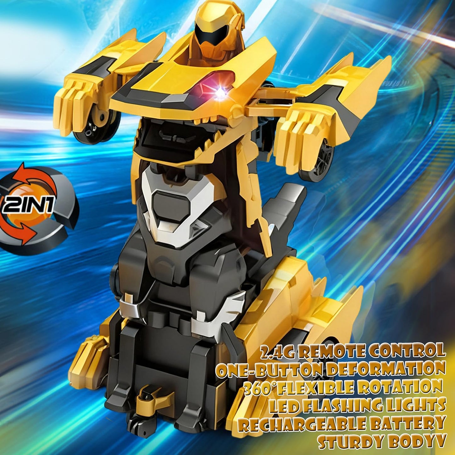 Ufilni Kids Toys Dinosaur Transform Rc Cars, 2.4Ghz Remote Control Car Transforming Robot with Flashing Light, 360° Rotation One Button Deformation